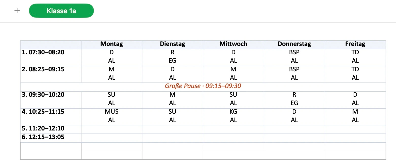 Tabellenansicht des aus dem Beispielplan erzeugten Excel-Klassenplans