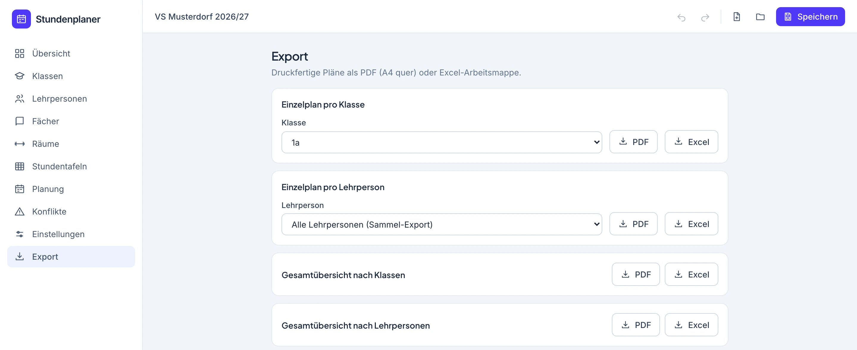 Exportbereich mit ausgewählter Klasse 1a und Schaltflächen PDF und Excel