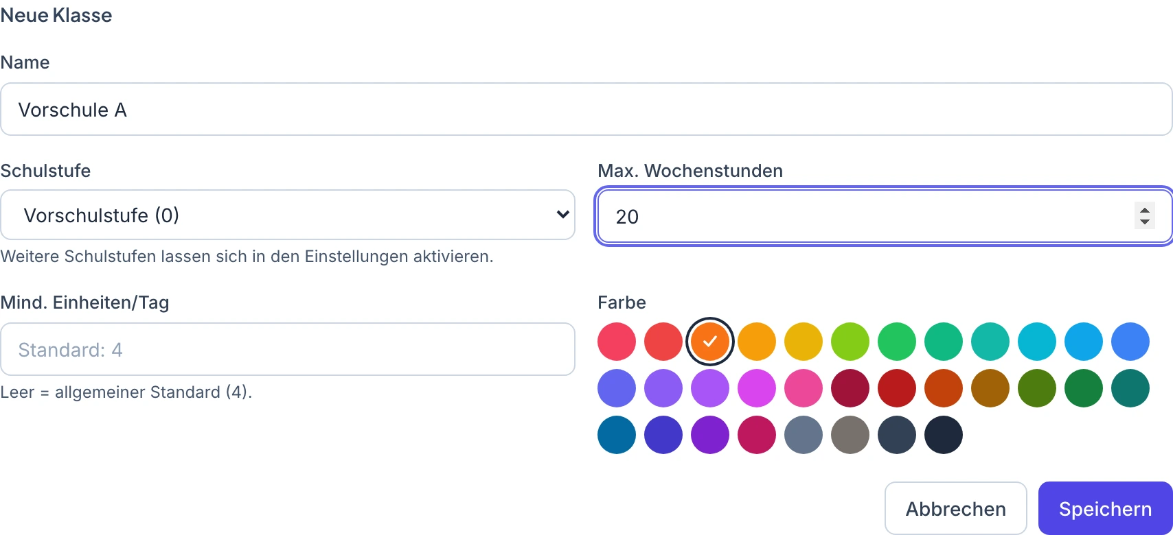 Formular Neue Klasse mit dem Namen Vorschule A und ausgewählter Vorschulstufe (0)