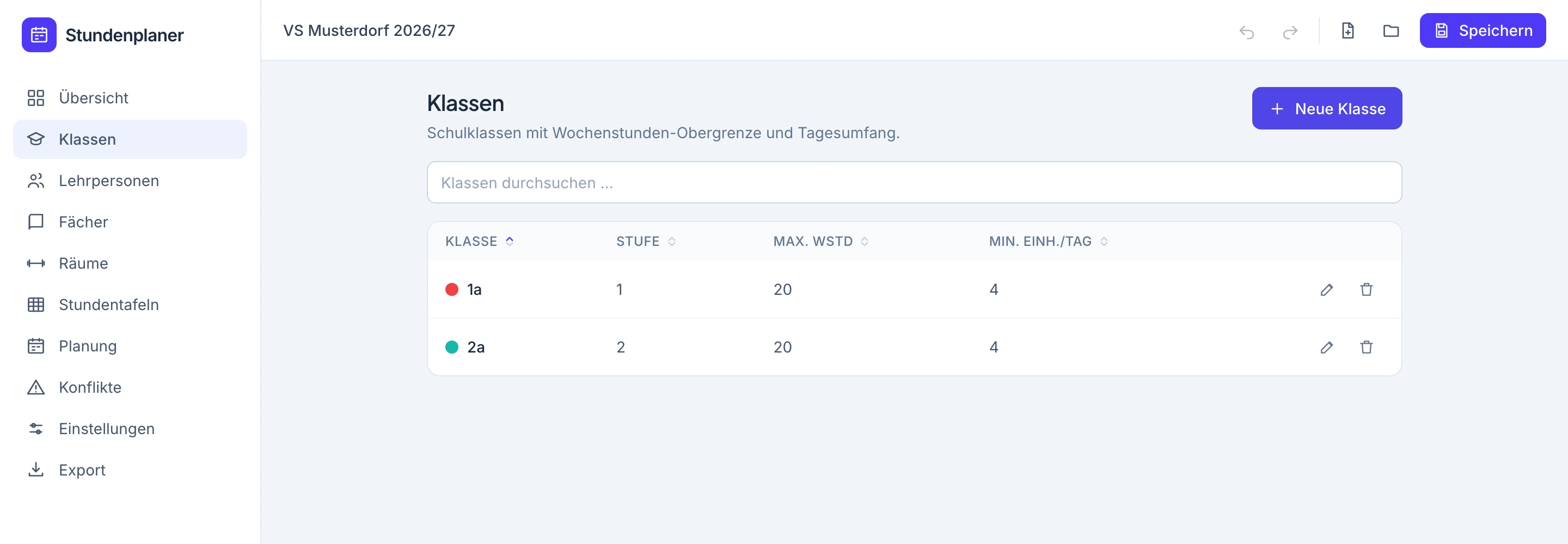 Klassenliste mit Suchfeld und Stift- und Papierkorbsymbolen