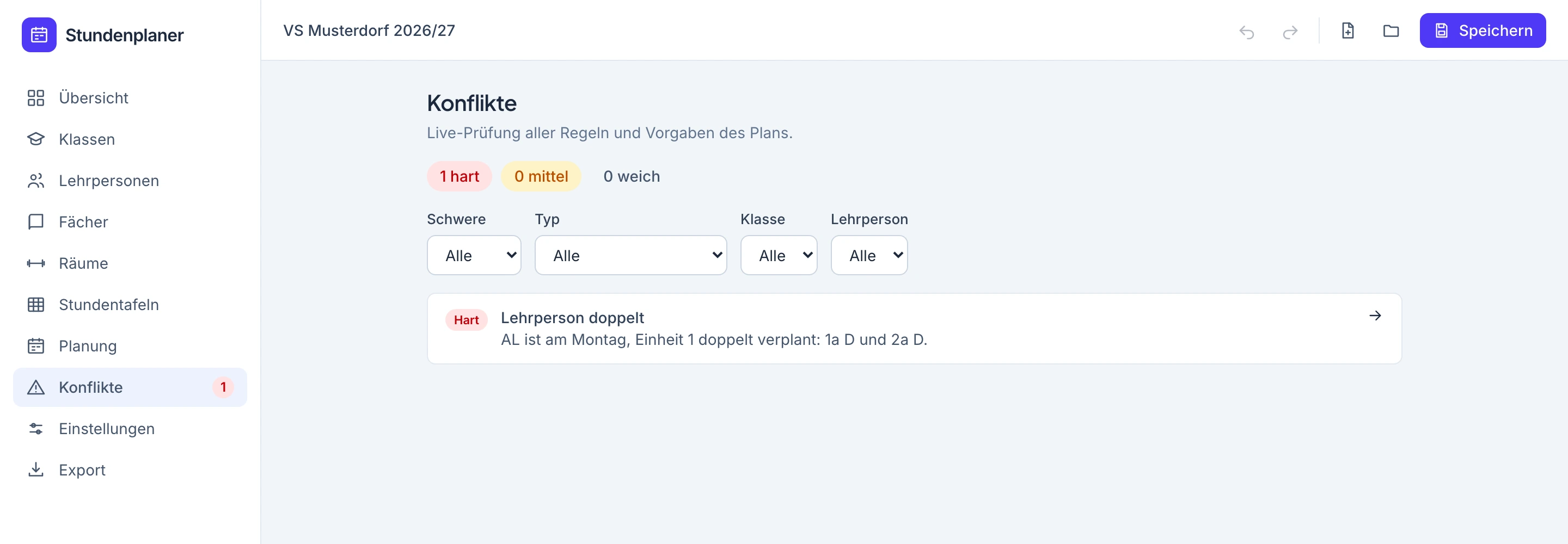 Konfliktliste mit genau einer Meldung: Eine Lehrperson ist doppelt verplant