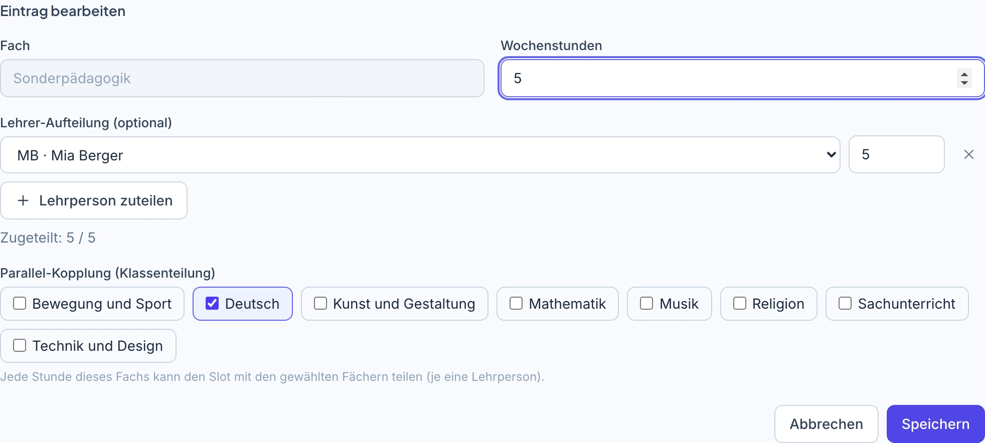 Eintragsformular für Sonderpädagogik mit ausgewählter Parallel-Kopplung zu Deutsch