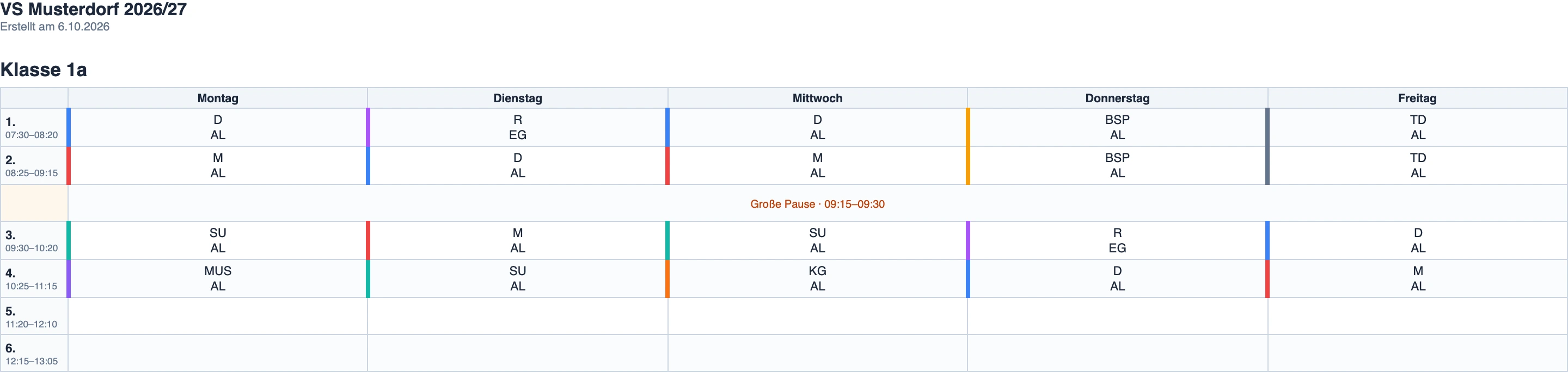 Druckansicht des exportierten Klassenplans 1a mit Unterrichtszeiten und Wochentagen
