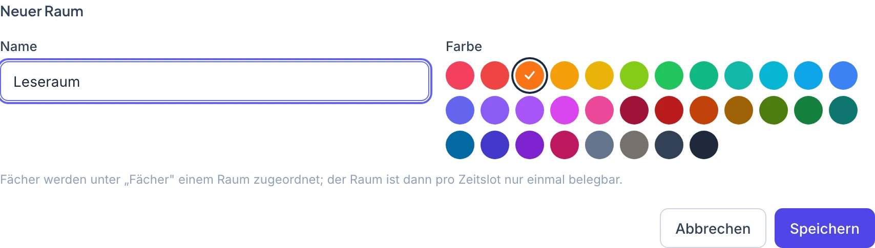 Raumformular mit dem Namen Leseraum und einer Farbe