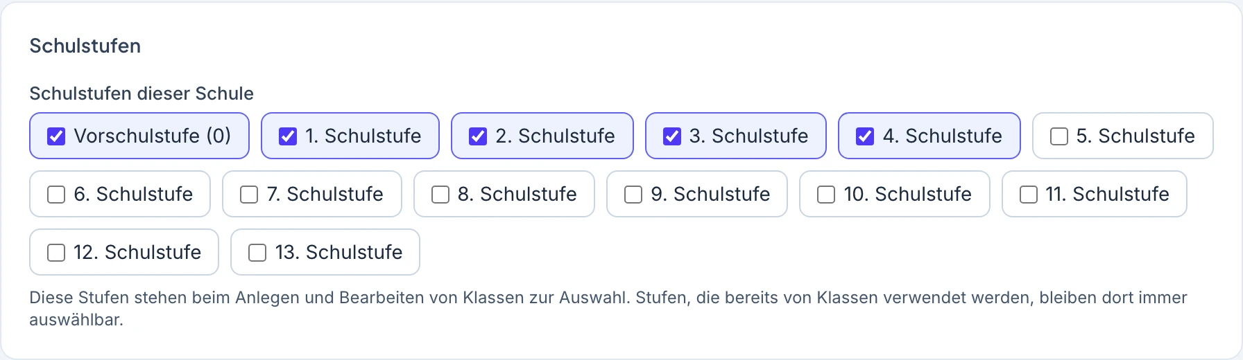 Einstellungen mit aktivierter Vorschulstufe (0) und den Schulstufen 1 bis 4 sowie weiteren auswählbaren Stufen bis 13