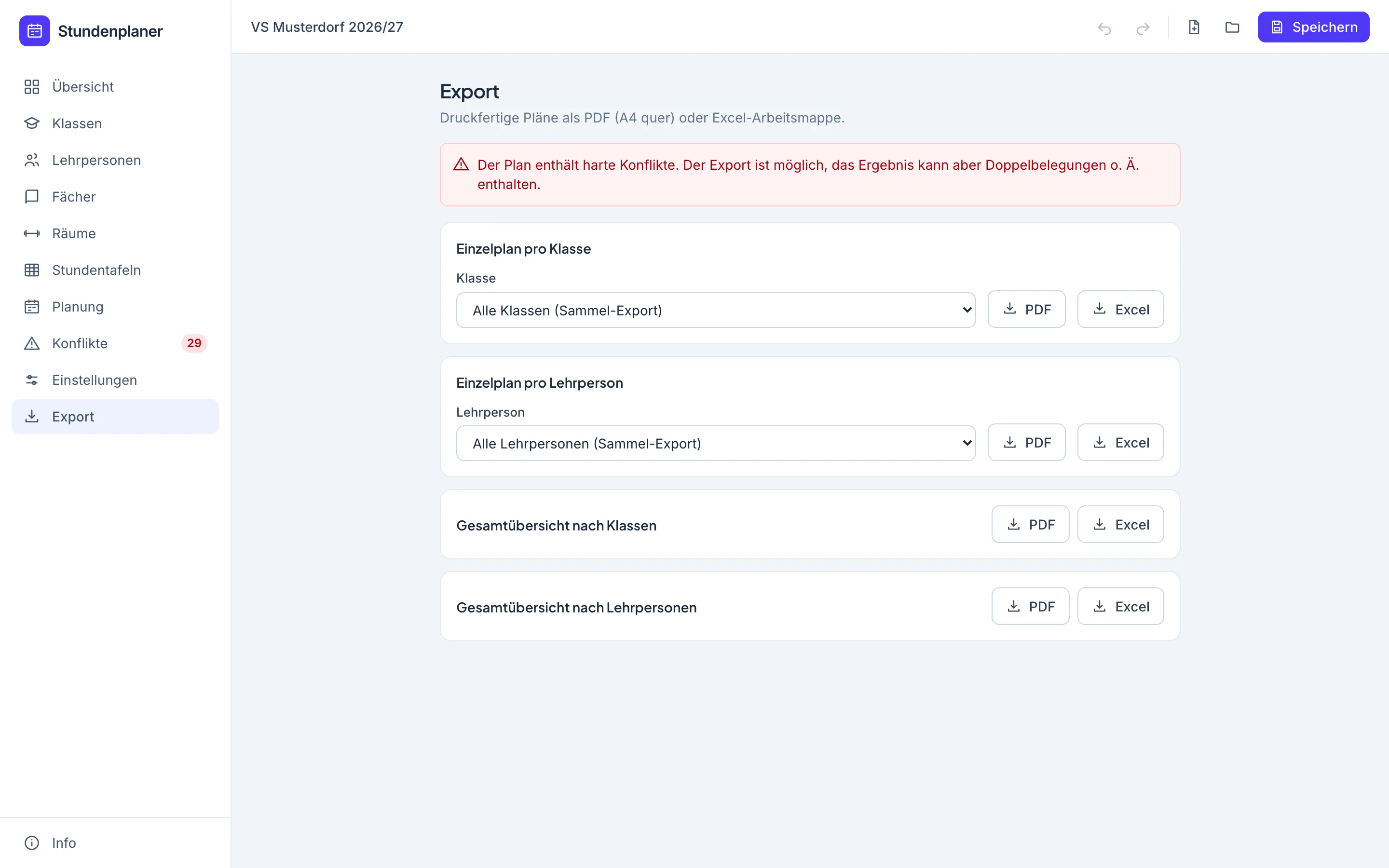 Export-Ansicht mit PDF- und Excel-Optionen