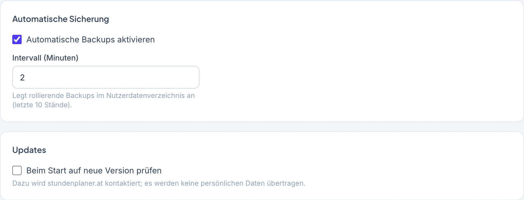 Einstellungen mit den Abschnitten Automatische Sicherung und Updates