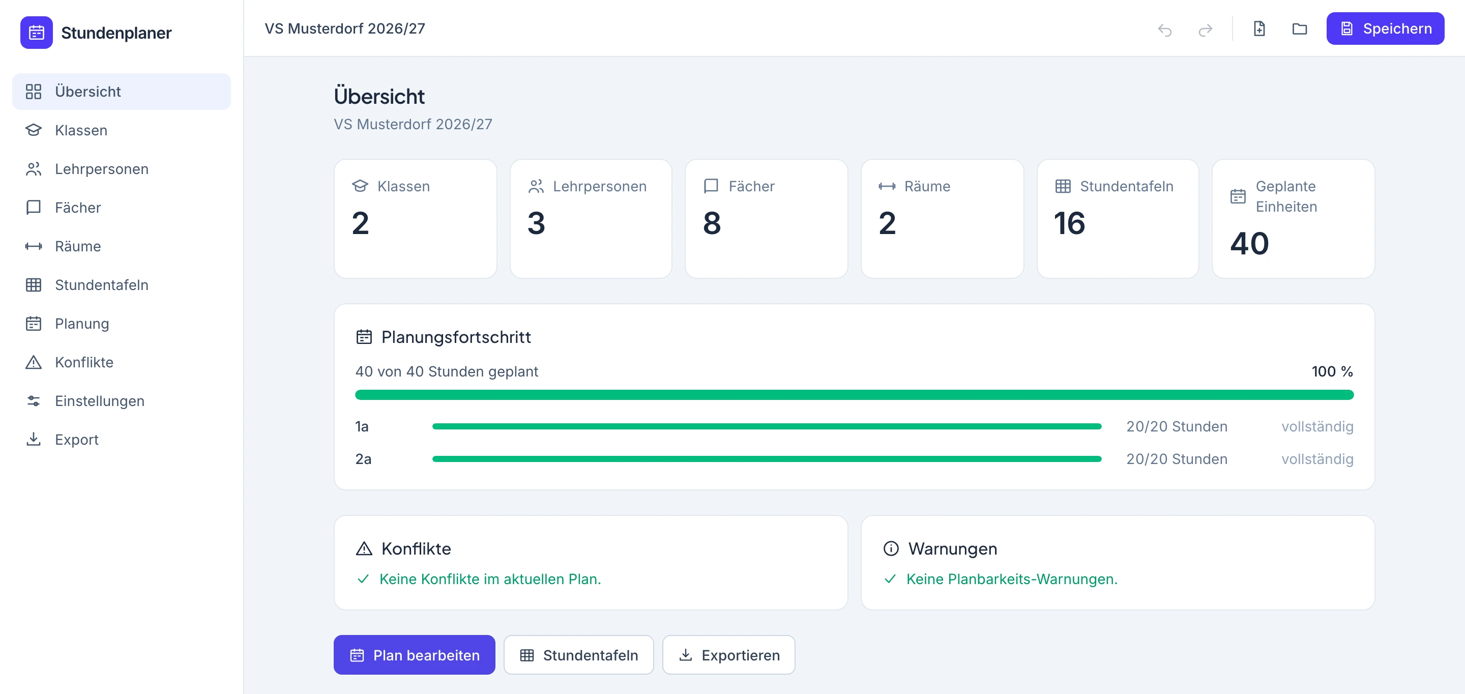 Projektübersicht mit linker Bereichsnavigation, Planungsfortschritt und Speichern oben rechts